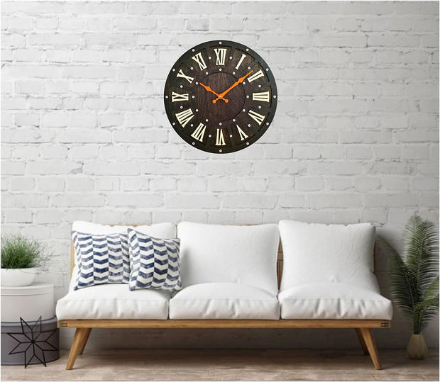 16" Dark Brown Handcrafted Vintage Wooden Wall Clock image 1