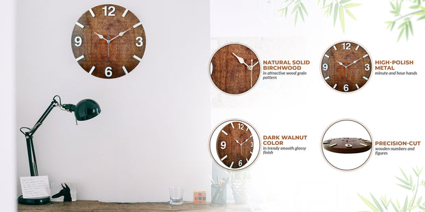 Dark Walnut 12" Round Wall Clock Brown Smooth Glossy Finish image 2