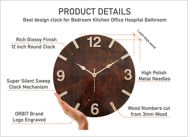 Dark Walnut 12" Round Wall Clock Brown Smooth Glossy Finish image 13