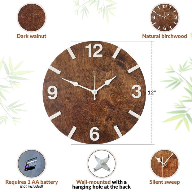 Dark Walnut 12" Round Wall Clock Brown Smooth Glossy Finish image 14